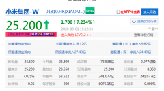 小米集团涨幅扩大至7% 股价突破25港元续